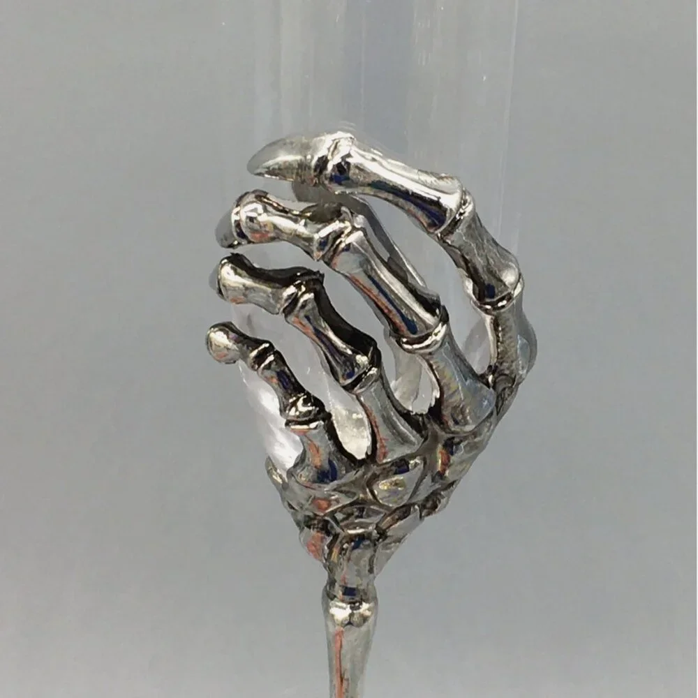 x2 Halloween Skeleton Hand Champagne Flute Glass Set Silver Metal Stem Elegant
